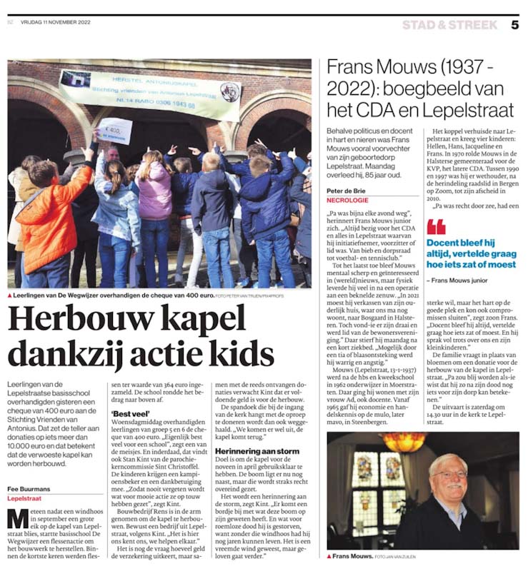 Herbouw kapel dankzij kinderen wegwijzer